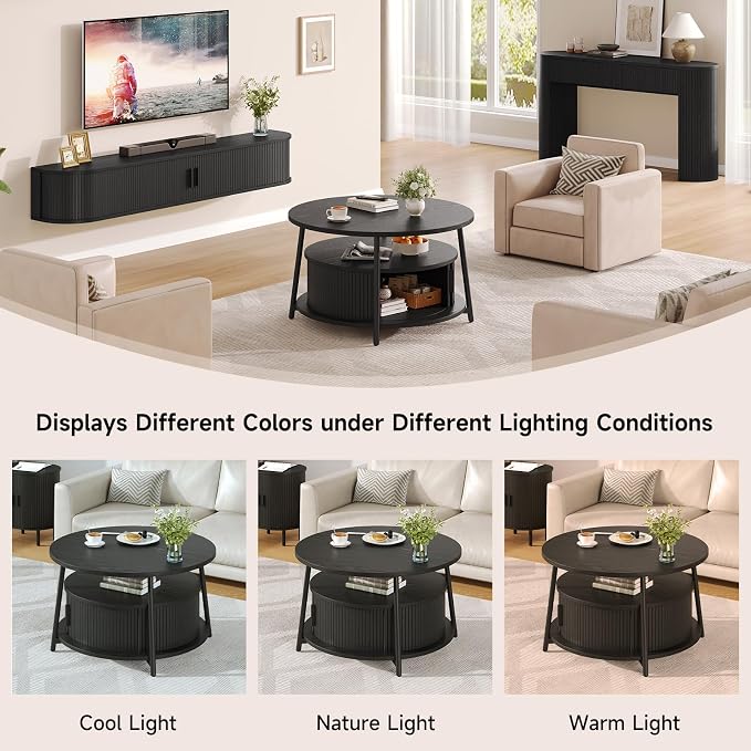 31.5 Inch Round Coffee Table with Storage, Fluted Coffee Tables with 2 Tiers, Mid-Century Modern Center Table with 2 Sliding Doors and Adjustable Footpad for Living Room, Black