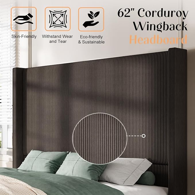 AMERLIFE Queen Size 62" Corduroy Upholstered Bed Frame, Luxurious Platform Bed with Extra Tall Wingback Headboard and Vertical Stripe, No Box Spring Needed/Solid Wood Slats & Legs/Chestnut