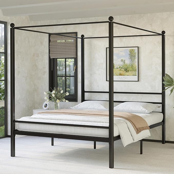 Lutown-Teen King Size Canopy Bed Frame, Four Poster Metal Canopy King Size Bed Frame, Heavy Duty Mattress Foundation with Underbed Storage, No Box Spring Needed, Easy Assembly, Black