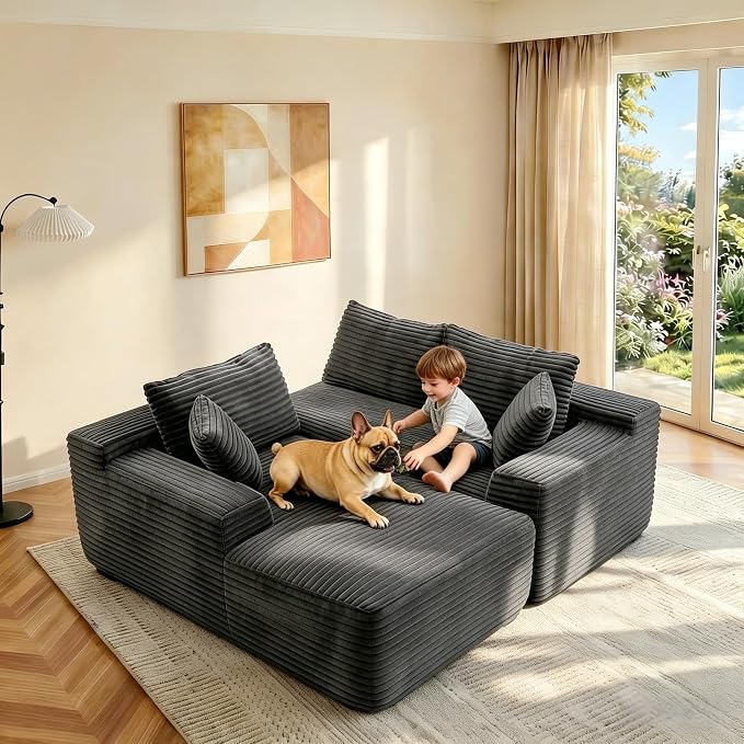 JINGLING 94" L Shape Couch with Left Chaise, Memory Foam Boneless Sectional Sofa in a Box, No Assembly Modular Small Couches for Small Spaces, Living Room, Apartments, Plush Corduroy, Dark Grey