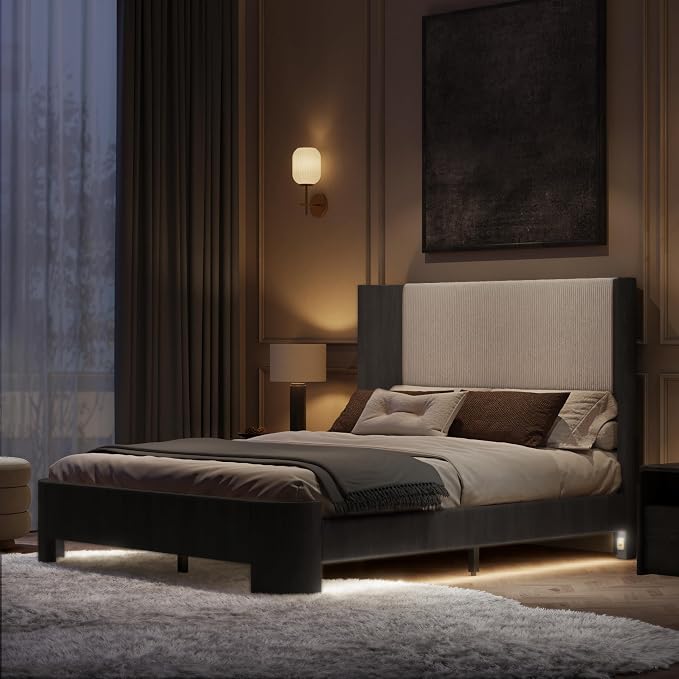 Queen Size Upholstered Platform Bed Frame with Wingback Headboard, Motion-Sensing LED Lights, Sturdy Slats, Mattress-Lock Footboard, PU Leather,No Box Spring Needed, Easy Assembly, Dark Grey Oak