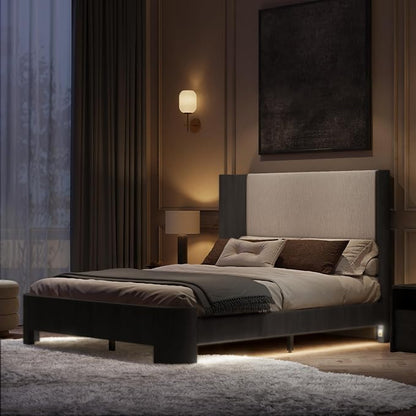 Full Size Upholstered Platform Bed Frame with Wingback Headboard, Motion-Sensing LED Lights, Sturdy Slats, Mattress-Lock Footboard, PU Leather,No Box Spring Needed, Easy Assembly, Dark Grey Oak