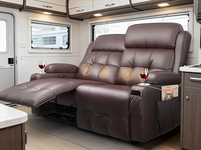 Reclining Loveseat, 55.1" RV PU Leather Wall Hugger Recliner Love Seats Sofa with Charging Station, Removable Armrest, Cup Holder, Double Recliners Couch, Manual Love Seat for Living Room