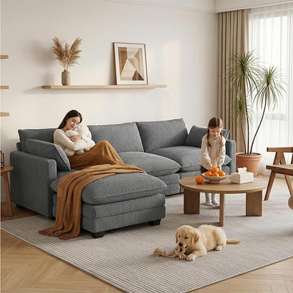 Gizoon 110'' Oversized L Shaped Couch for Living Room, Cloud Couches with Washable Corduroy Cover, Modern 4-Seater Comfy Deep-Seat Sofa with Movable Ottoman and 2 Throw Pillows for Apartment, Gray
