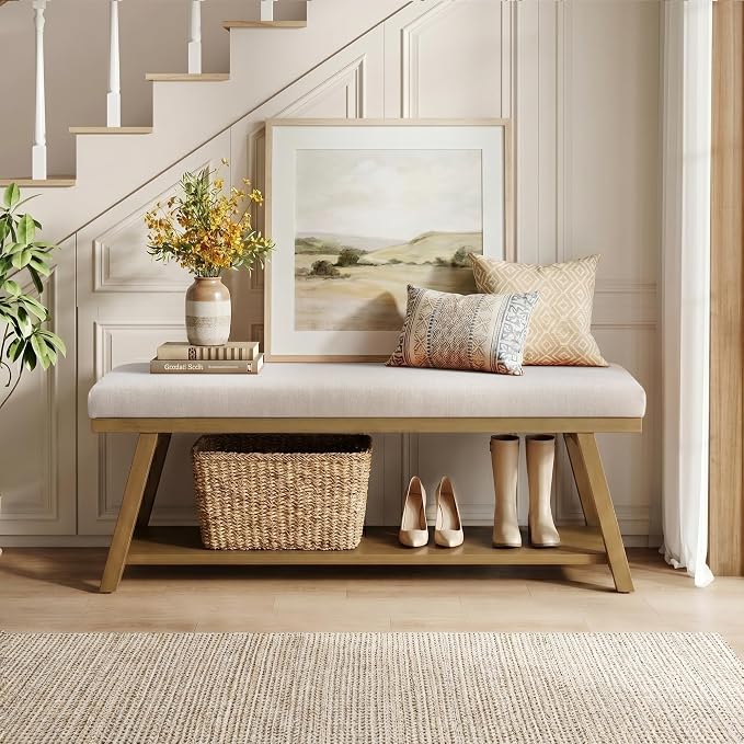 Zihanhome 45" Entryway Bench Upholstered Storage Bench for Bedroom Shoe Rack Bench for Living Room, Hallway, Mudroom, Balcony, Sturdy Indoor Bench Seat Holds Up to 300 lbs (Beige)