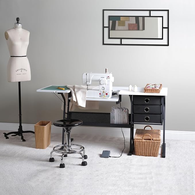 Sew Ready Eclipse Hobby Sewing Table, 60.25 x 23.75" Overall Platform Size with Large Lower Storage Drawer, 2 Side Shelves & Cloth Drawer, Black/White