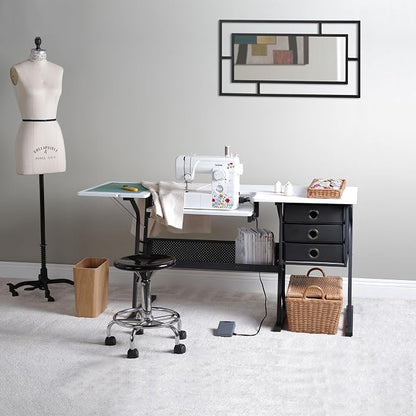 Sew Ready Eclipse Hobby Sewing Table, 60.25 x 23.75" Overall Platform Size with Large Lower Storage Drawer, 2 Side Shelves & Cloth Drawer, Black/White