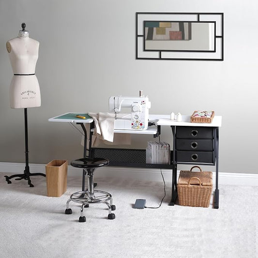 Sew Ready Eclipse Hobby Sewing Table, 60.25 x 23.75" Overall Platform Size with Large Lower Storage Drawer, 2 Side Shelves & Cloth Drawer, Black/White