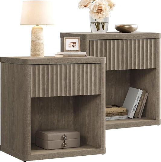 SICOTAS Night Stand Set of 2 Nightstands with Drawer Storage Fluted Bed Side Table End Table Large Modern Wide Bedside Stand Mid Century Night Stands for Bedroom Living Room Sofa Office, Grey Alder