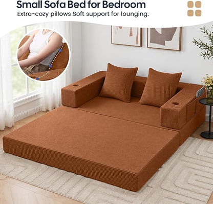 COMAX Futon Sofa Bed, Convertible Sofa Bed, Folding Boneless Couches | Boneless Couch for living room, Fold Out Small Foldable Loveseat Floor Sleeper Mattress Lounge Space‑Saving, Orange