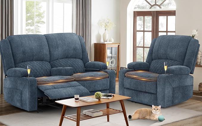 Yolsali Fabric Loveseat Recliner Sofa Set with 2-Tier Cushion, 2+1 Pieces in Living Room, 2 Seater Reclining Loveseat with Removable Console, 1 Oversize Recliner Chair Sofa Seat - Blue