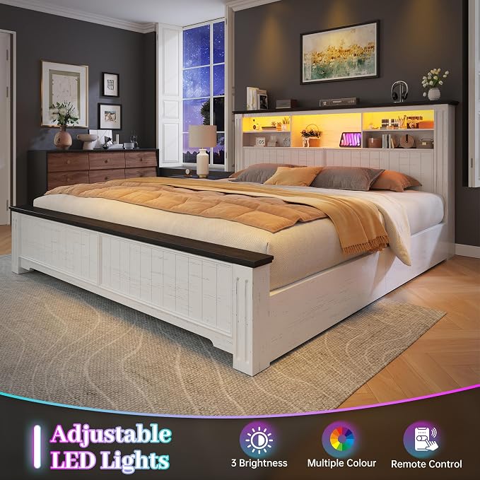 EnHomee King Bed Frame with Headboard and 4 Storage Drawers, LED Lights & Charging Ports,No Box Spring Needed for Big House,Noise-Free,Wooden, White
