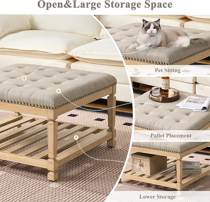 Befurtori Large Square Ottoman Coffee Table, Linen Solid Upholstered Footrest Ottoman with Solid Wood Shelf Storage Tufted Coffee Table for Bedroom Living Room-Gray Linen