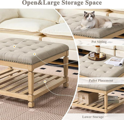 Befurtori Large Square Ottoman Coffee Table, Linen Solid Upholstered Footrest Ottoman with Solid Wood Shelf Storage Tufted Coffee Table for Bedroom Living Room-Gray Linen