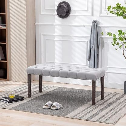 KCC Button-Tufted Ottoman Bench, Upholstered Bedroom Benches Velvet Footrest Stool Accent Bench for Entryway Dining Room Living Room Bedroom End of Bed, Gray