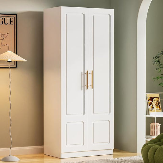 Double Door White Armoire with Hanging Rod – 71" H x 31" W x 19" D, Modern Freestanding Wardrobe Closet for Bedroom, Sturdy Metal Handles