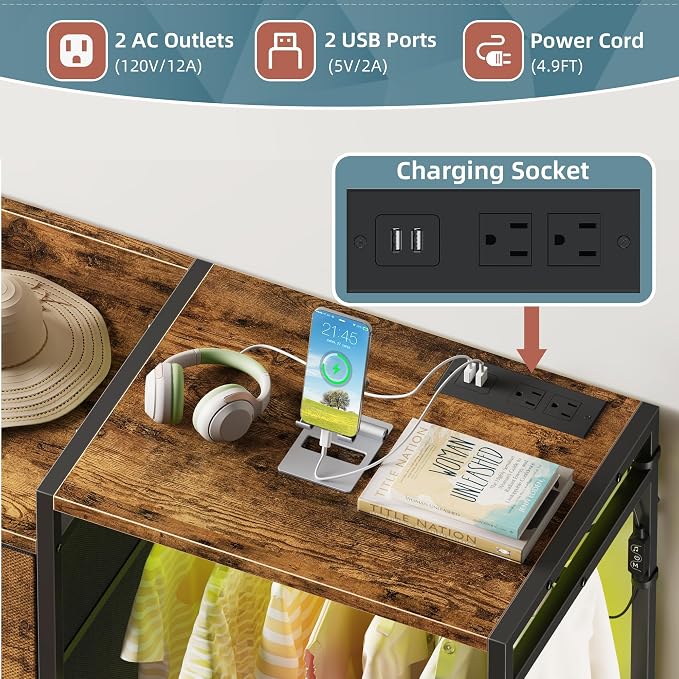 HIGDBFE Dresser with Hanging Rack, 8-Drawer Dresser for Bedroom with Charging Station & LED Lights, Fabric Dressers with Shoe Rack, Rustic Brown, 11.8" D x 42" W x 42.7" H (8 Drawers)