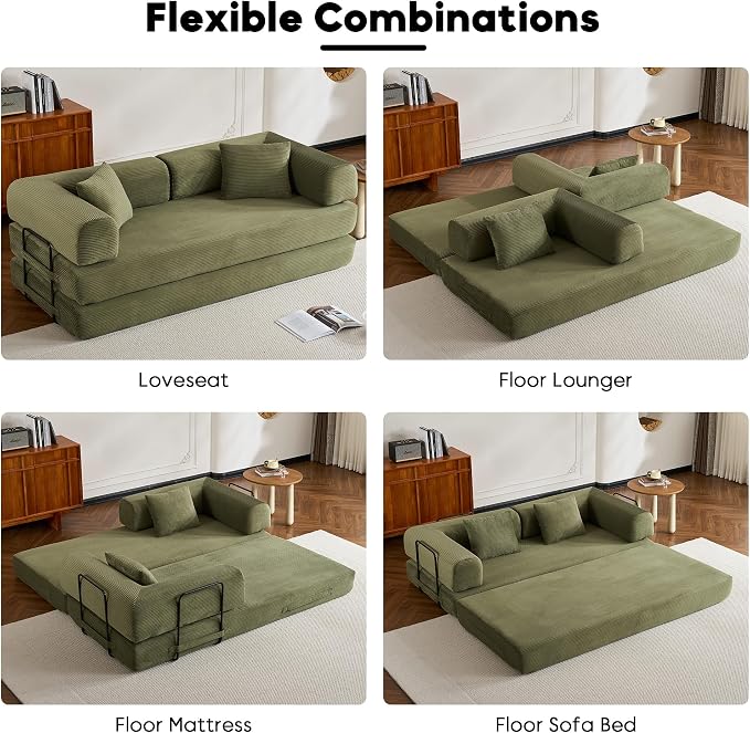 ZEIINPA Convertible Folding Couch Bed, Comfy Corduroy Sleeper Floor Sofa Bed with Fixed-Shape Frame, Floor Sofa with Armrest, Lounge Couch for Living Room Bedroom Lounge Studio, Green