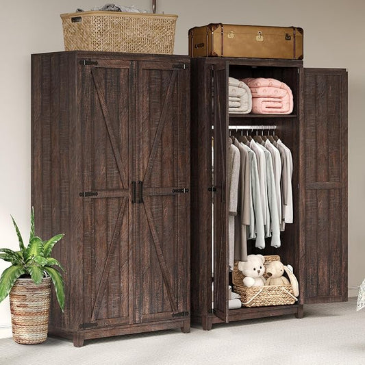 AMERLIFE Set of 2 Farmhouse Armoire Wardrobe Closet with 2 Barn Doors, 71'' Storage Cabinet with Shelf & Hanging Rod, Versatile Clothing Storage for Bedroom, Espresso