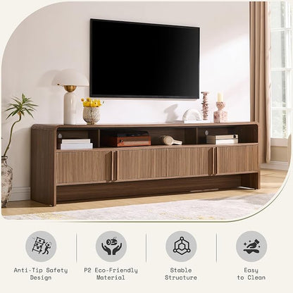 AMERLIFE 70" Fluted Wood TV Stand for TVs up to 80", Media Console Entertainment Center with Storage Cabinets for Living Room, Brown