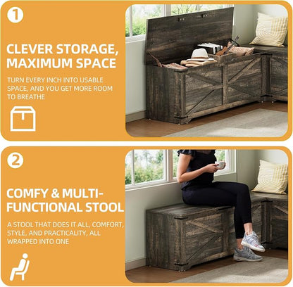 DWVO L-Shaped Storage Bench, 18" High Corner Dining Bench with Safety Hinges, Wooden Nook Chest for Living Room, Bedroom | Safety Hinges, Wooden Nook Chest for Living Room, Bedroom