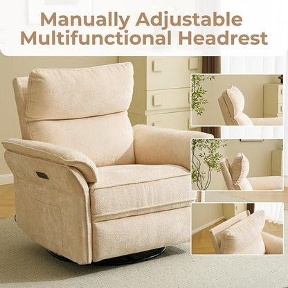 Oversized Power Recliner Chair Swivel Glider with Massage and Heat, Rocker Nursery Recliner for Adults with Adjustable Headrest, 26" Extra Wide Nursery Chair with Overstuffed Armrest,Beige