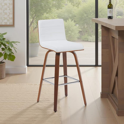 Vienna Modern Swivel Bar Height Stool with Snow White Faux Leather Seat and Walnut Finished Wood Frame Set of 3