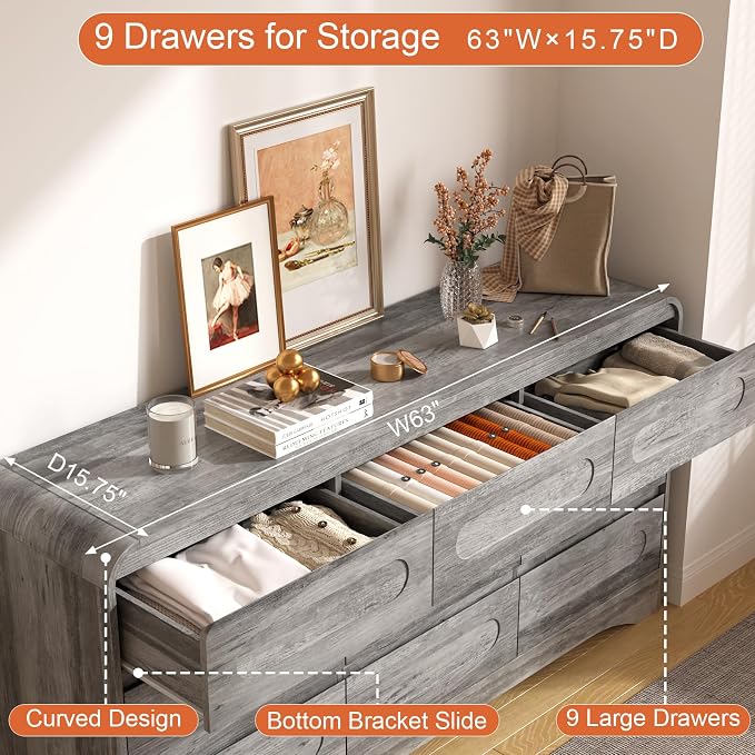 9 Drawer Dresser and Nightstand Sets for Bedroom, 3 Piece Bedroom Set | Wood 9 Drawer Dresser & Night Stand Set of 2, Large Chest of Drawers Modern Storage Cabinet Bedroom Furniture Set, Grey
