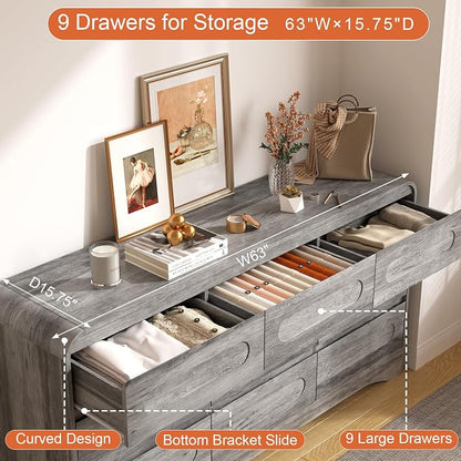 9 Drawer Dresser and Nightstand Sets for Bedroom, 3 Piece Bedroom Set | Wood 9 Drawer Dresser & Night Stand Set of 2, Large Chest of Drawers Modern Storage Cabinet Bedroom Furniture Set, Grey