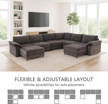 Oversized Modular Cloud Couch with Removable Washable Cover, U-Shaped Sectional for Large Living Room, Plush Chenille & Deep Seat（Grey）