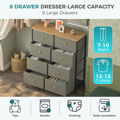 OLIXIS 8 Drawer Storage Dresser with Wood Top - Wide Fabric Chest Organizer for Bedroom, Closet, Living Room,Tower Cabinet, TV Stand, Hallway Entryway Furniture,Dark Green