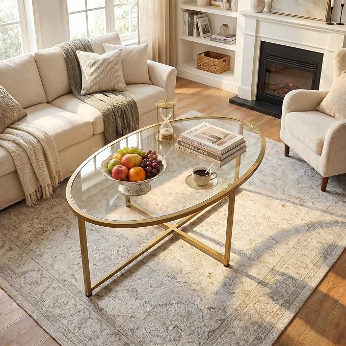 Wolawu Coffee Table Gold Oval Glass Coffee Tables for Living Room,Modern Gold Metal Frame Tea Tables for Small Space, Tempered Glass Top Center Table with Stable Cross Base for Bedroom, Office,Balcony