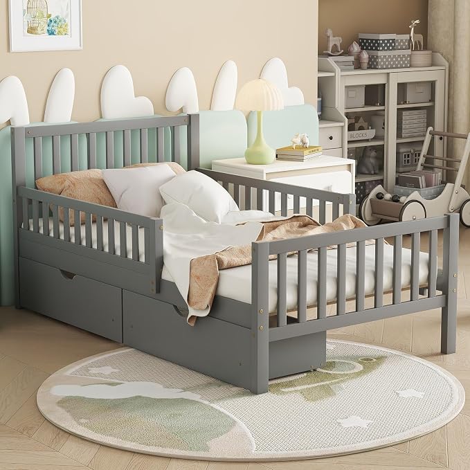 Kids Twin Size Bed Frame with Storage Drawers, Wood Twin Bed Frames for Kids, Twin Bed Frame with Headboard and Footboard for Boys Girls, No Box Spring Needed,Gray
