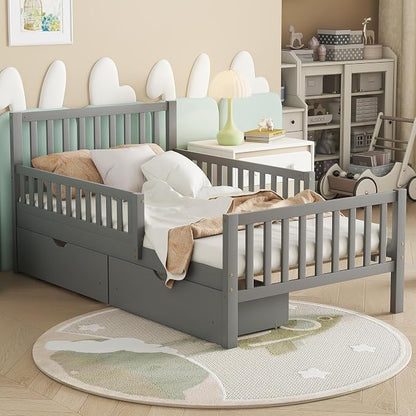 Kids Twin Size Bed Frame with Storage Drawers, Wood Twin Bed Frames for Kids, Twin Bed Frame with Headboard and Footboard for Boys Girls, No Box Spring Needed,Gray