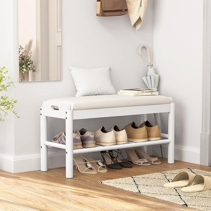 Entryway Shoe Storage Bench, 2-Tier Wood Shoe Rack with Cushion, Padded Seat Entryway Organizer with Shelf & Hidden Storage for Entry, Hallway, Living Room, Bedroom, Closet (White, 31.5")