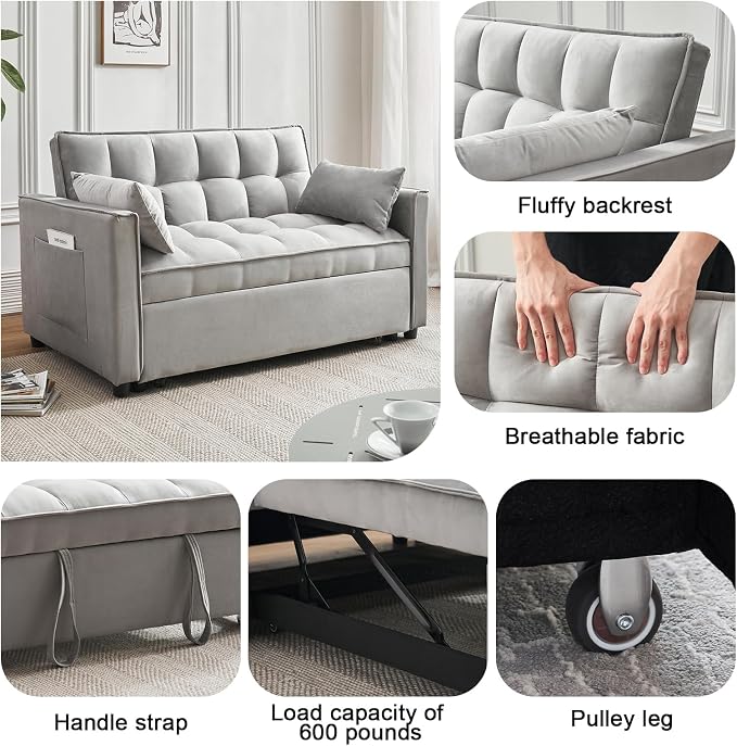 Velvet Pull Out Couch Bed & Sleeper Sofa, 3-in-1 Convertible Sofa Bed with Adjustable Backrest, Storage Pockets, Armrests & Pillows for Small Spaces (Gray)