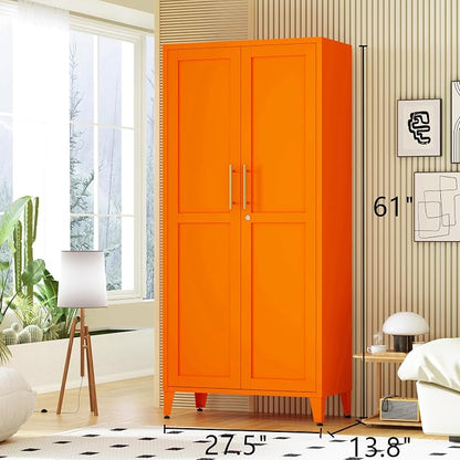61" Tall Farmhouse Metal Storage Cabinet, Kitchen Pantry Storage Cabinets with 2 Barn Door and 3 Adjustable Shelves, for Home, Office, Kitchen, Laundry Room, Kids Room, Entryway, Orange