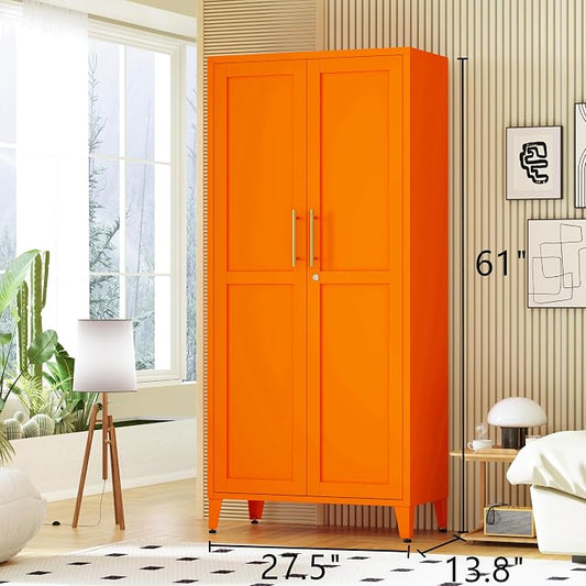 61" Tall Farmhouse Metal Storage Cabinet, Kitchen Pantry Storage Cabinets with 2 Barn Door and 3 Adjustable Shelves, for Home, Office, Kitchen, Laundry Room, Kids Room, Entryway, Orange