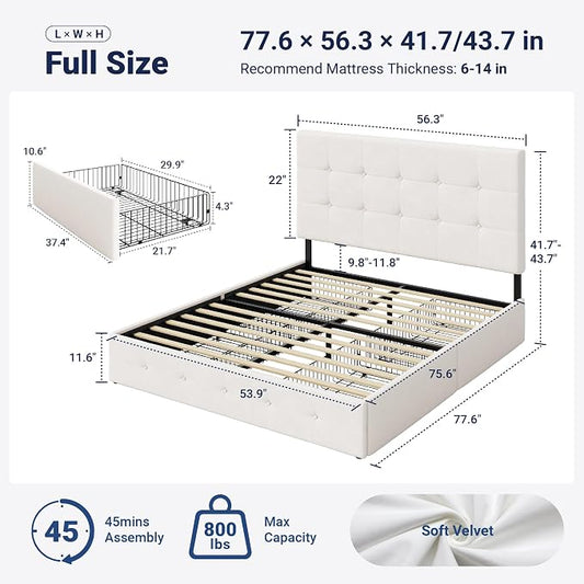 Allewie Upholstered Full Size Platform Bed Frame with 4 Storage Drawers and Adjustable Headboard, Square Button Tufted, Wooden Slats Support, Noise-Free, No Box Spring Needed, Easy Assembly, White