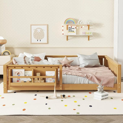 Bellemave Queen Size Floor Bed with Slats and Safety Guardrail, Queen Size Montessori Floor Bed with Fence and Built-in Bookshelf, Easy Assemble Montessori Beds for Girls, Boys, Deep Natural