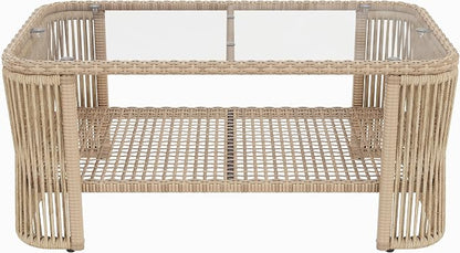 VilroCaz Outdoor PE Rattan Patio Furniture Sectional Sofa Set with Iron Frame, All-Weather Beige Wicker Conversation Set with Thick Cushions and Coffee Table for Garden Backyard Balcony