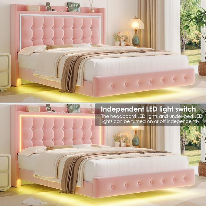 Keyluv Full Floating Bed Frame with Storage Headboard, LED Lights & Charging Station Platform Bed, Soft Upholstered Velvet, USB/Type-C Ports, Easy Assembly, Pink