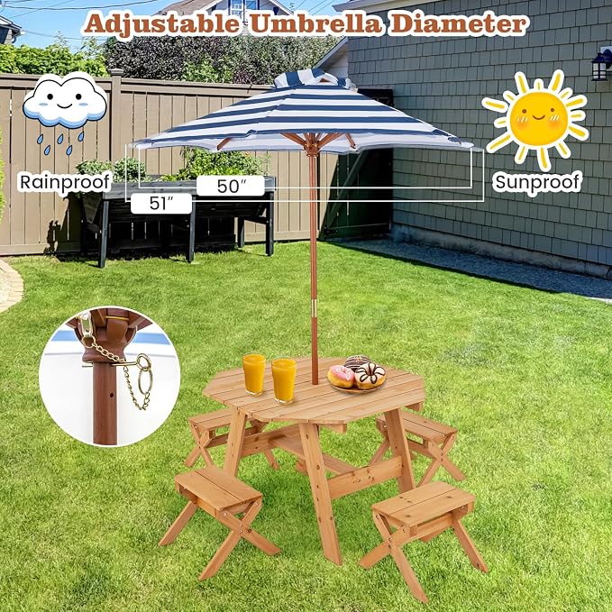 Costzon Kids Picnic Table, Fir Wood Octagon Kids Table and Chair Set with Removable Umbrella, Toddler Activity Table for Backyard, Garden, Patio, Kids Outdoor Furniture for Boys Girls (Natural)
