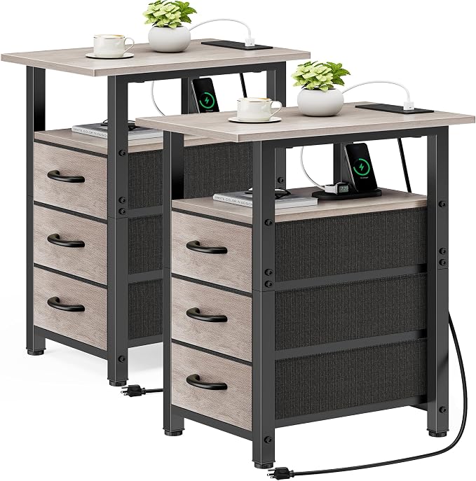 Vagusicc Set of 2 Narrow Nightstand with Charging Station, Slim Dresser for Bedroom Narrow Side Table Storage Cabinet with 3 Drawers, Tall Night Stand End Table for Small Spaces, Greige