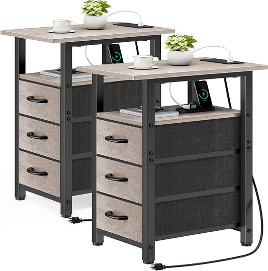 Vagusicc Set of 2 Narrow Nightstand with Charging Station, Slim Dresser for Bedroom Narrow Side Table Storage Cabinet with 3 Drawers, Tall Night Stand End Table for Small Spaces, Greige