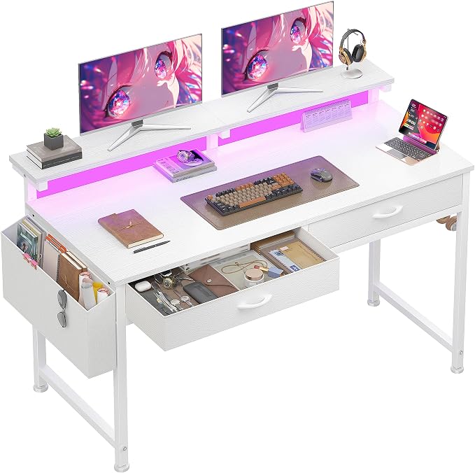 DurayLoly 47.3 Inch Computer Desk with 2 Drawers & LED Lights, Home Office Desk with Side Pocket, Gaming Desk with Monitor Stand, Study Writing Table for Small Spaces, White