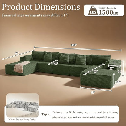 168" Cloud Sectional Couch, Comfort U Shaped Sofa for Living Room, Extra Deep Seats No Assembly, Minimalist Modular Couch, Corduroy (Olive Green, 7 Seats,U-Shape C)
