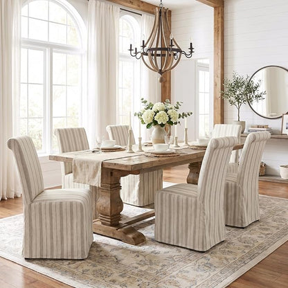 chairus Slipcovered Parsons Dining Chairs Set of 6, Upholstered Dining Room Chairs with Removable Linen Cover & High Back, Modern Farmhouse Wooden Side Kitchen Chairs, Khaki Stripe