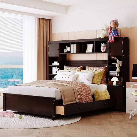 Merax Full Size Wooden Bed with All-in-One Cabinet and Shelf, White Modern Platform Bed Frame with 4 Storage Drawers for Bedroom and Apartment