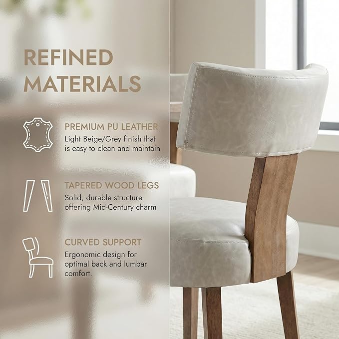 HNY Mid Century Modern Dining Chairs Set of 6, Farmhouse PU Leather Upholstered Accent Chair Curved Backrest Kitchen Chairs, with Hardwood Frame, Grey